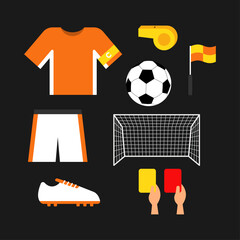 Football or soccer flat elements set isolated on dark background, jersey, whistle, linesman flag, ball, goal, cards, and boots. © GojinGo