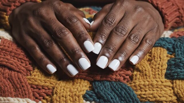 Close-up of hands with white nail polish resting on a cozy knitted blanket for relaxation and comfort.