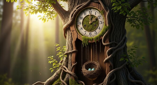 Surreal Fantasy Tree Clock in an Enchanted Forest with Sunlight Beams, Vintage Grandfather Clock in Tree Trunk and Bird Nest with Blue Eggs, Concept of Nature and Time
