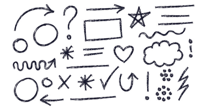 A diverse set of hand drawn doodle symbols and shapes, including arrows, circles, stars, hearts, question marks, and clouds. Ideal for adding a creative, sketchy touch to design projects.