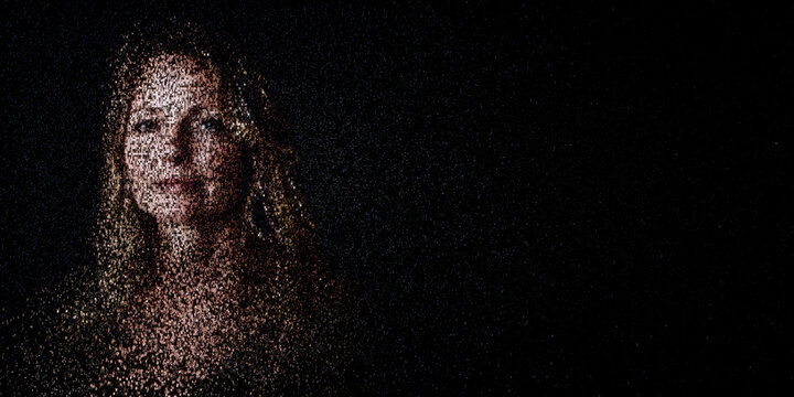 Digital ID Portrait of Woman with Face made up of Computer code. Data sovereignty Concept with copy-space.