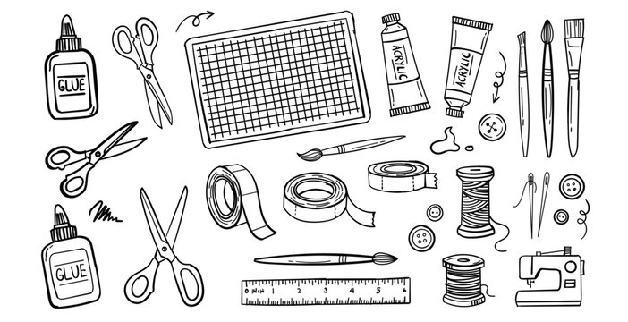 Handdrawn illustration of craft supplies, including glue bottles, scissors, tape, paint tubes, brushes, buttons, thread, needles, and a sewing machine, on a white background