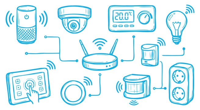 Illustration of various smart home devices like a smart speaker, security camera, thermostat, light bulb, motion sensors, smart plug, and a control panel, all connected wirelessly to a router.