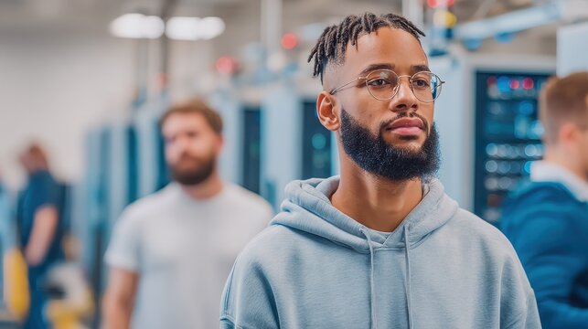 Young multiracial male software architect working in blurred server room setting with bokeh effect.