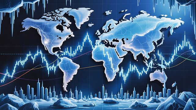 Global financial markets fluctuate dynamically on a digital world map background