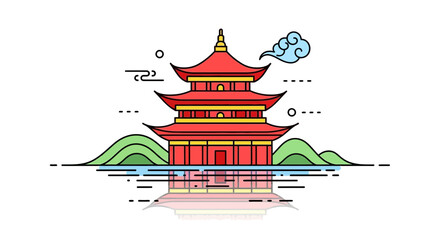 Obraz premium Traditional Japanese Pagoda Architecture Reflected in Water with Stylized Mountains and Clouds