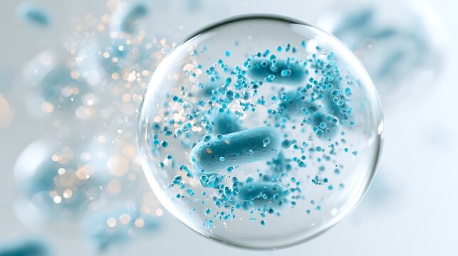 abstract probiotic bacteria ecosystem inside transparent biological environment, futuristic microbiome innovation concept