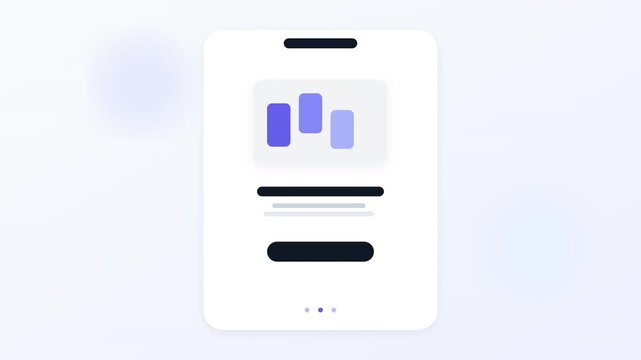 Mobile app onboarding animation looping video, minimalist smartphone UI UX screen transitions, financial data graph screen layout presentation template, purple user interface loop.