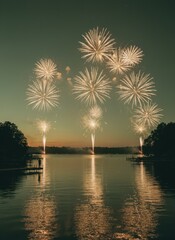 Obraz premium Golden fireworks bursting over a calm lake at night with water reflections for summer holiday celebrations, waterfront event promotion and travel advertisements