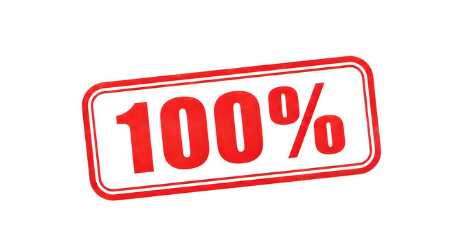 A vibrant red stamp with the text '100%' boldly printed in the center, symbolizing complete achievement and unqualified success in any endeavor