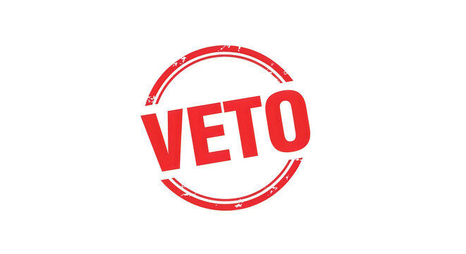 A bold red prohibition sign with the word veto in white, symbolizing the act of rejecting or forbidding something, universally recognized as a stop or denial symbol