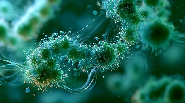 ultra detailed microbiota particles forming living ecosystem, futuristic probiotic science background,