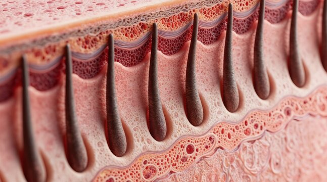 Cross section of human skin shows hair follicles emerging from dermis. Microscopic view reveals epidermis cells and hair root structure. Biology science medical research for hair care.