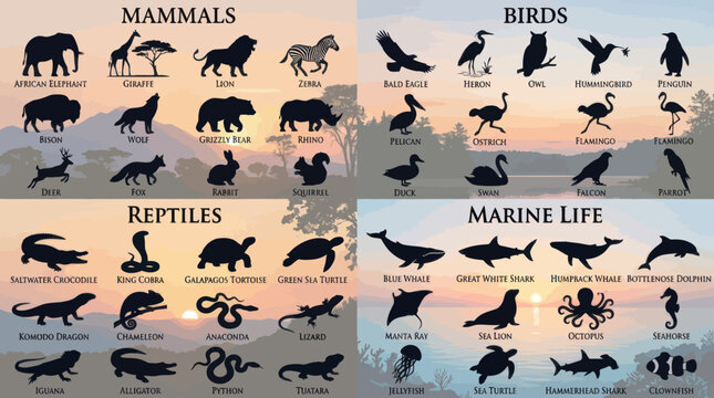 Educational poster with animal silhouettes including mammals and reptiles