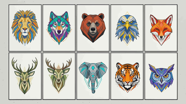 Geometric animal head set featuring lion wolf and deer portraits