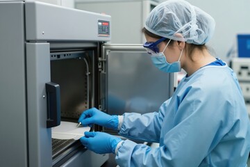 Naklejka premium Scientist in protective gear places material into autoclave. Woman works in lab doing sterile procedures. Pro research clean research equipment.