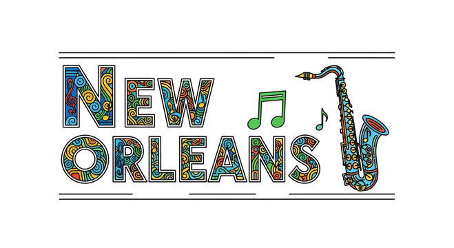 New Orleans Text Art with Saxophone and Music Notes