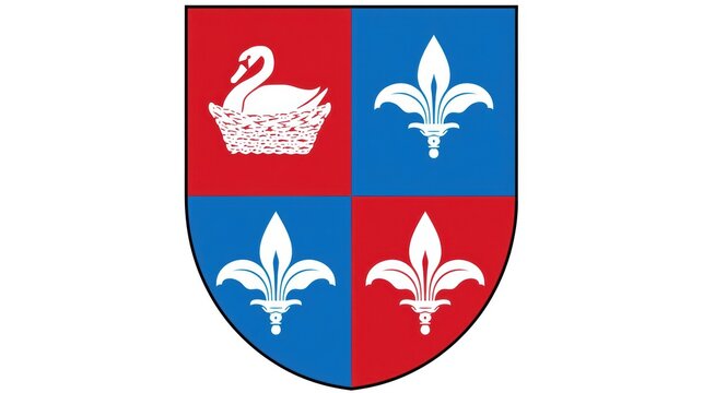 Heraldic shield design with a white swan and three fleur de lis symbols in red and blue quadrants