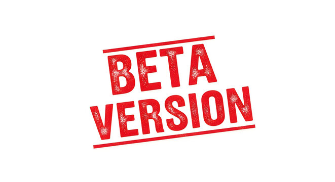 A bold, red stamp-like graphic declaring the stage of development as beta version with a grunge texture effect and sharp edges