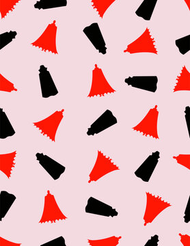Seamless vector pattern with vampire capes and cloaks silhouettes in red and black on a light pink background.