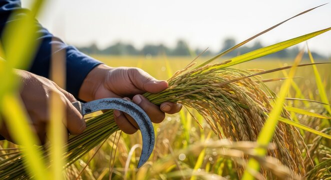 Farmer harvesting ripe rice with a sickle in a golden field at sunset.
