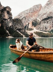 Obraz premium Man rows wooden boat with Australian Shepherd dog on clear mountain lake. Scenic landscape with forest trees and rocky peaks. Enjoying summer vacation trip with pet on water.