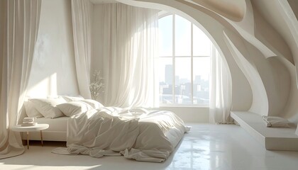 Modern, bright bedroom with a bed, table, window and curved architectural features. Gentle light and shadows
