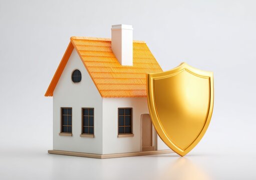 Golden Shield Protecting a Miniature House Symbolizing Home Security.