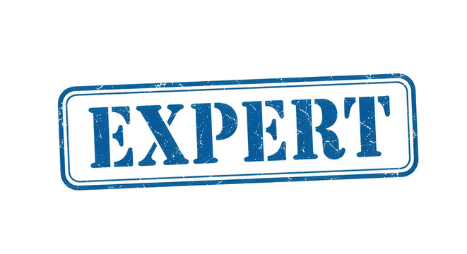 A navy blue sign with the word expert written in bold uppercase letters, framed in a blue rectangle, indicating mastery or specialization in a specific field