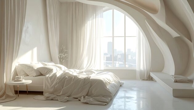 Modern, bright bedroom with a bed, table, window and curved architectural features. Gentle light and shadows