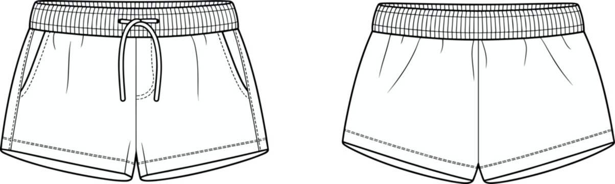 Technical Vector Sketch of Women's Casual Athletic Shorts Featuring Elastic Drawstring Waistband and Side Pockets Front and Back View for Fashion Tech Pack.