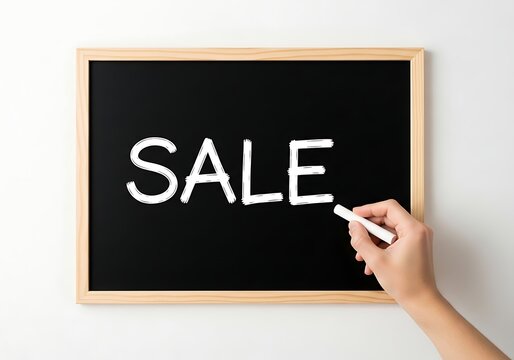 Hand writing s a l e on black chalkboard with wooden frame sale white chalk blackboard