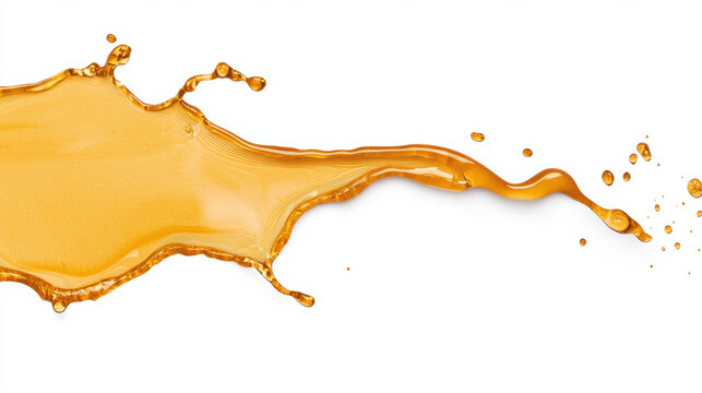 Splash of golden liquid with dynamic movement captured against a white background.