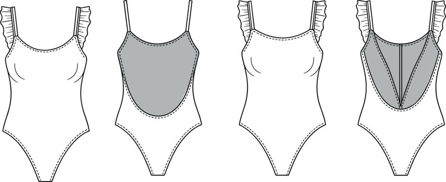 Art & IllustrationVector fashion technical sketch of a women's scoop neck swimsuit with ruffle frill straps and low open back in front and back views. (23 words)
