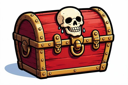 Red wooden pirate chest with gold trim and skull decoration sits on white background. This ornate container suggests wealth and adventure. Great for games or fantasy themes.