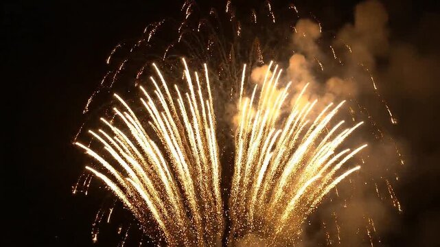 Spectacular golden fireworks exploding in the dark night sky celebrating new year or festival holiday event
