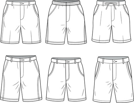 Art & IllustrationVector fashion technical sketch of men's casual shorts collection featuring chino styles elastic waistbands drawstring details and pocket variations in front views mockup. (24 words)