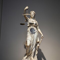 Obraz premium Blindfolded woman statue holds scales of justice and sword. Symbolizes fairness, law, balance, and impartial judgement. Represents legal system truth and order. Classical marble sculpture.
