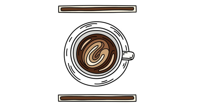 Top View of Coffee Cup with Latte Art and Wooden Bars on White Background