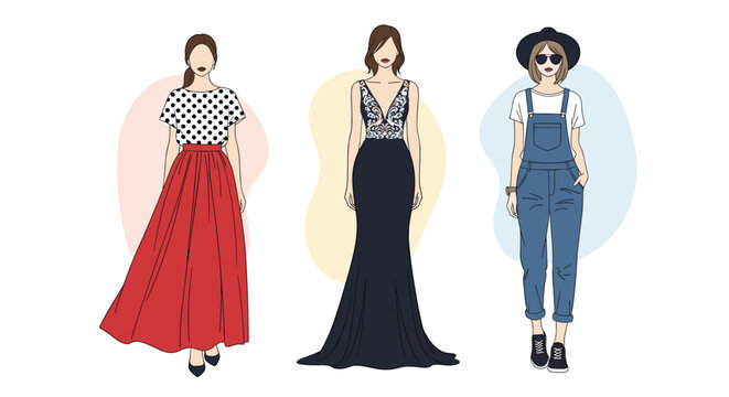 Three women display different fashion styles including a long red skirt elegant black evening gown and casual blue denim overalls.