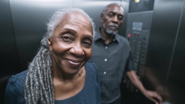 African American senior couple riding in an elevator. Mature man and woman looking at camera, close up portrait. Multigenerational lifestyle, retirement concept. Real people, authentic moment.
