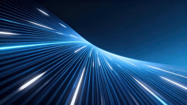 Curved converging glowing white and blue light lines on dark blue background for abstract high speed digital technology and motion concept
