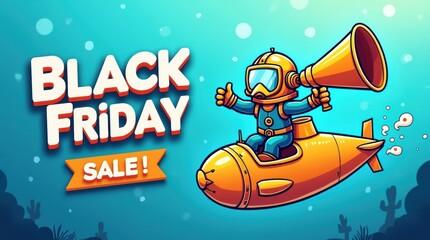 Fototapeta premium Black friday sale banner with a cartoon diver in a yellow submarine holding a large megaphone horn