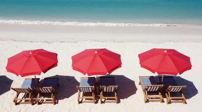 Three red beach umbrellas and lounge chairs on white sand beach next to clear turquoise ocean waves. Overhead view of empty chairs ready for vacationers.
