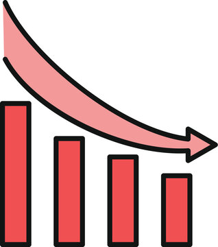 Red bar chart with an arrow indicating a downward trend in statistics and finances