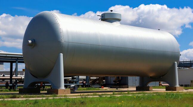 Large horizontal steel tank for storing pressurized liquid gas, like LPG or propane. Industrial storage facility with pipes, under blue sky with clouds. Energy infrastructure site, heavy equipment.