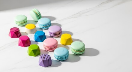 Obraz premium Minimalist composition of colorful artisan chocolates and pastel macarons arranged neatly on a white marble surface with soft shadows, food photography, variety, clean