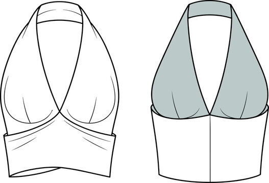 Art & Women Halter Neck Wrap Crop Top Technical Fashion Illustration Flat Sketch Template Set Front and Back View for Apparel Design and CADIllustration