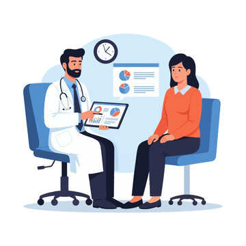 Flat vector illustration of a male doctor in a white coat showing health data on a digital tablet to a female patient during a medical consultation in a clinic office setting.