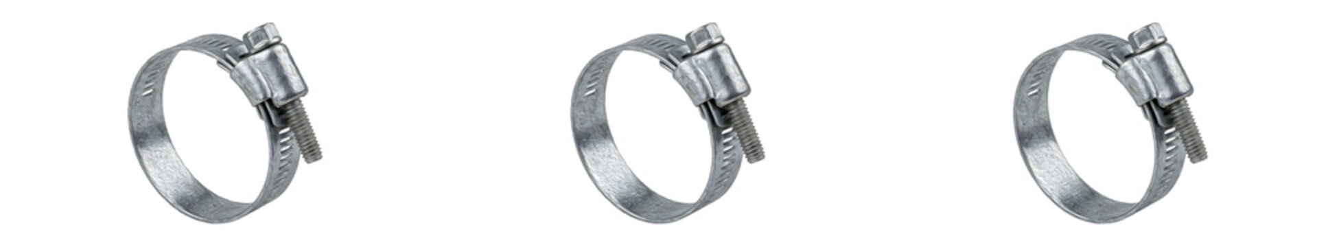 set of the isolated on withe background (  stainless steel withe worm gear hose clamps used for securing pipes and hoses) photo high quality''